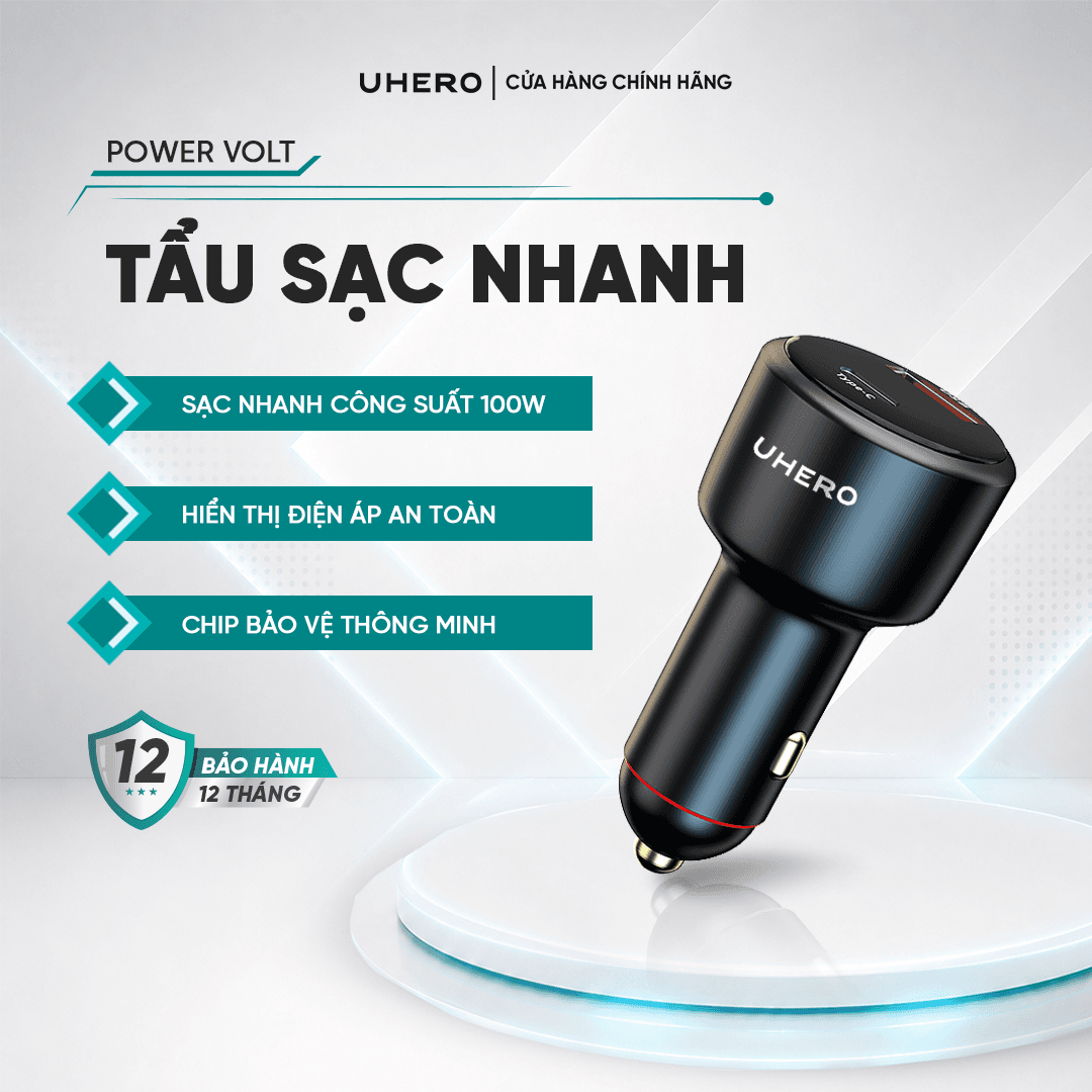 Tẩu Sạc Nhanh Ô Tô 100W UHERO 100W PD Type-C USB QC3.0 Hiển Thị Điện Áp Ắc Quy